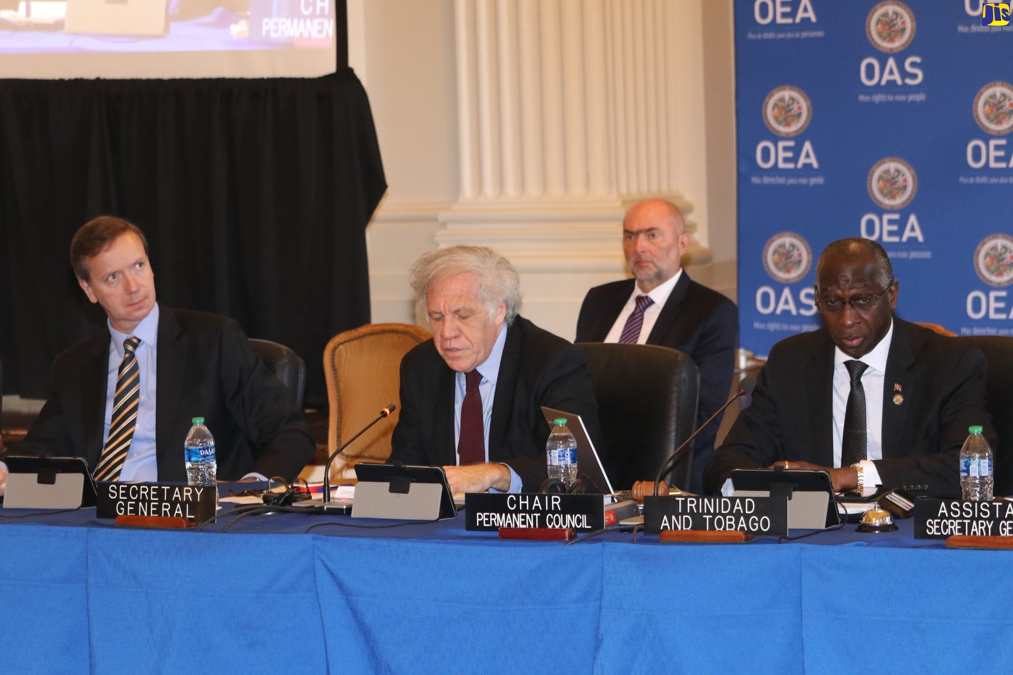 Organization of American States (OAS) Secretary General, Luis Almagro (centre), pays tributes to Jamaica’s late former Ambassador to the United States (US) and Permanent Representative to the OAS, Ambassador Richard Bernal, during a special sitting of the Permanent Council of the OAS at the Hall of the Americas in Washington DC on February 1. Seated (from left) are Chief of Staff to the OAS Secretary General, Gonzalo Koncke;  and Trinidad and Tobago Ambassador to the US and Chairman of the OAS Permanent Council, Anthony Phillips-Spencer.
