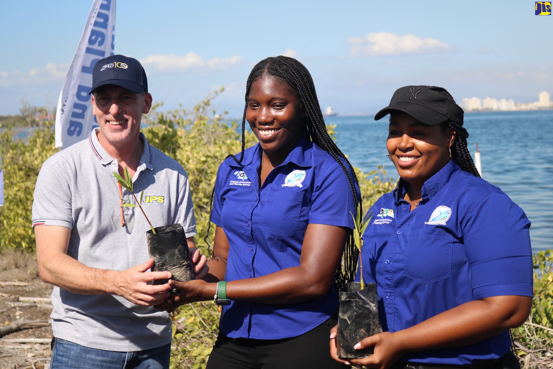 President and Chief Executive Officer, Jamaica Public Service (JPS), Michel Gantois (left), accepts a Red Mangrove sapling from Environmental Officer, Protected Areas Branch, National Environment and Planning Agency (NEPA), Italee Patterson (centre), for planting at Sturridge Park, Palisadoes-Port Royal Protected Area in Kingston, on Thursday (February 2). At right is Acting Coordinator for Ecosystems in the Ecosystems Management Branch, NEPA, Chanel Raynor. 