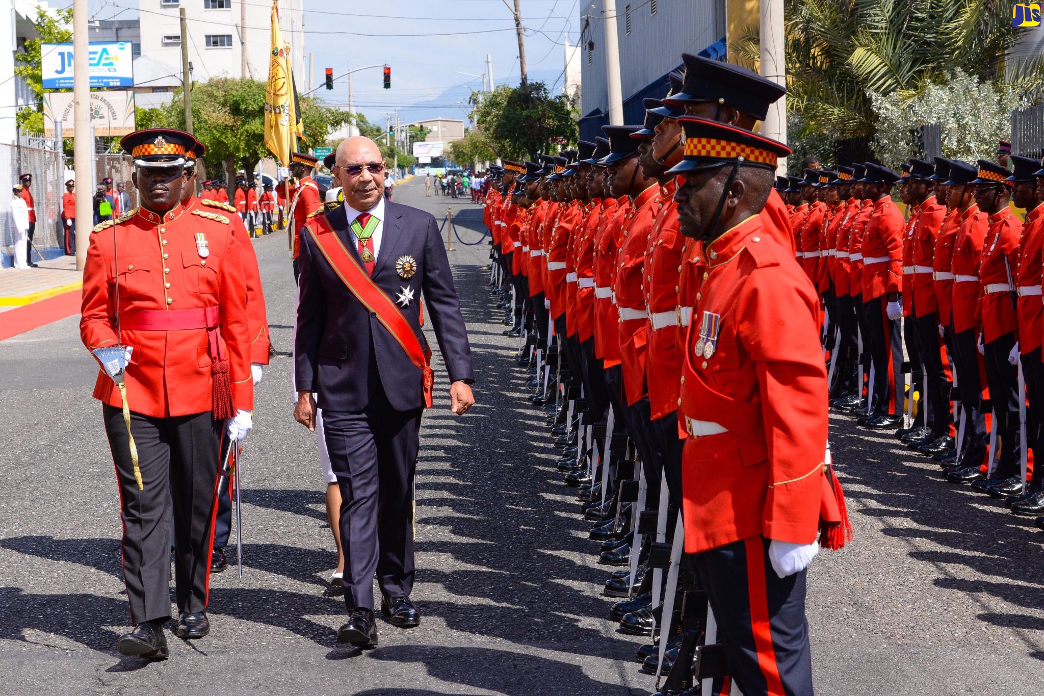 Governor-General, His Excellency the Most Hon. Sir Patrick Allen, inspects the Guard of Honour mounted by members of the Jamaica Defence Force (JDF), during the 2023/24 ceremonial opening of Parliament on Tuesday (February 14).