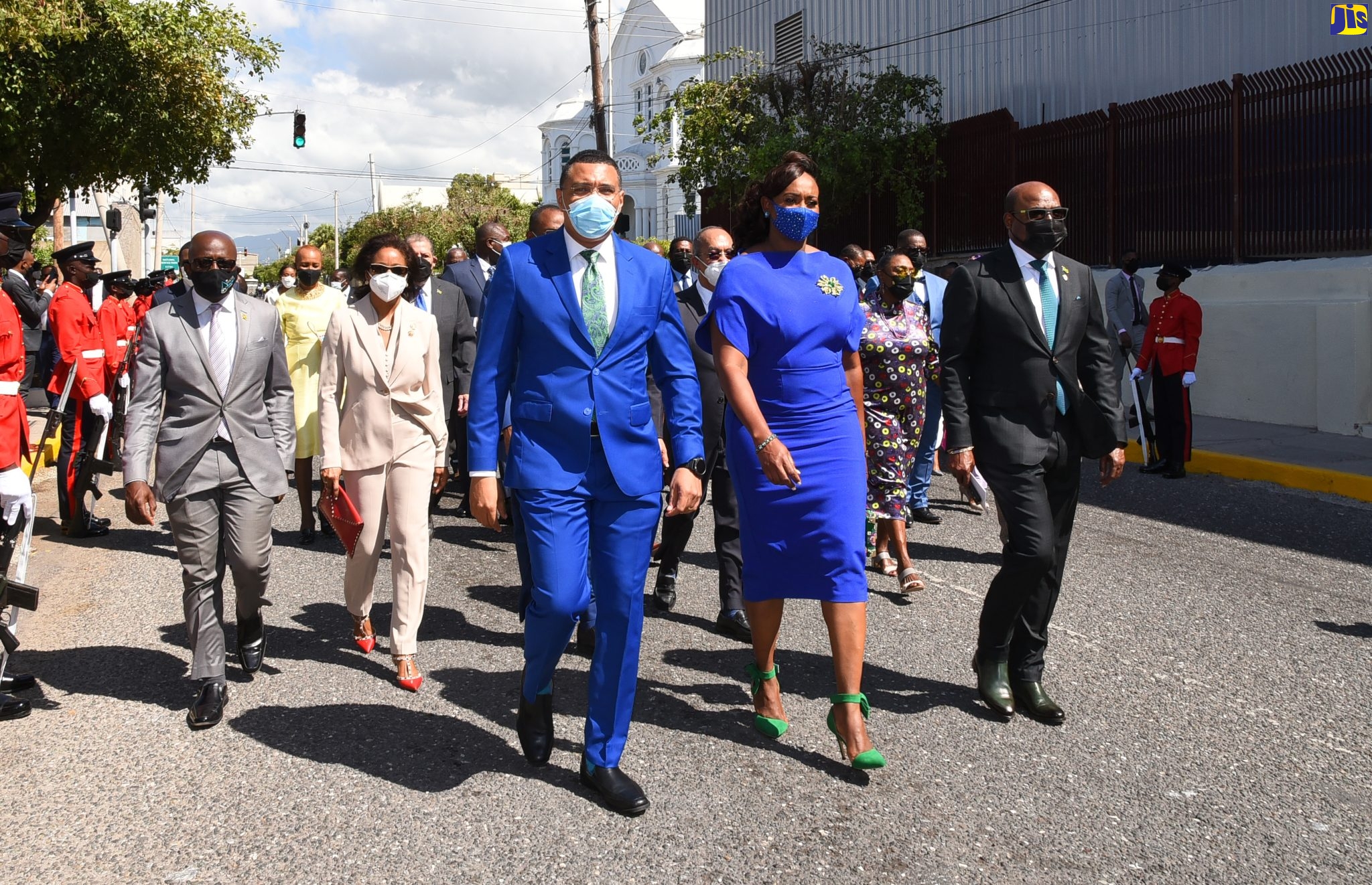 Prime Minister, the Most Hon. Andrew Holness (front left), his wife, Member of Parliament for St. Andrew East Rural, the Most Hon. Juliet Holness (centre) and Minister of Tourism, Hon. Edmund Bartlett (front, right), lead government legislators to Gordon House for the Ceremonial Opening of Parliament last year.