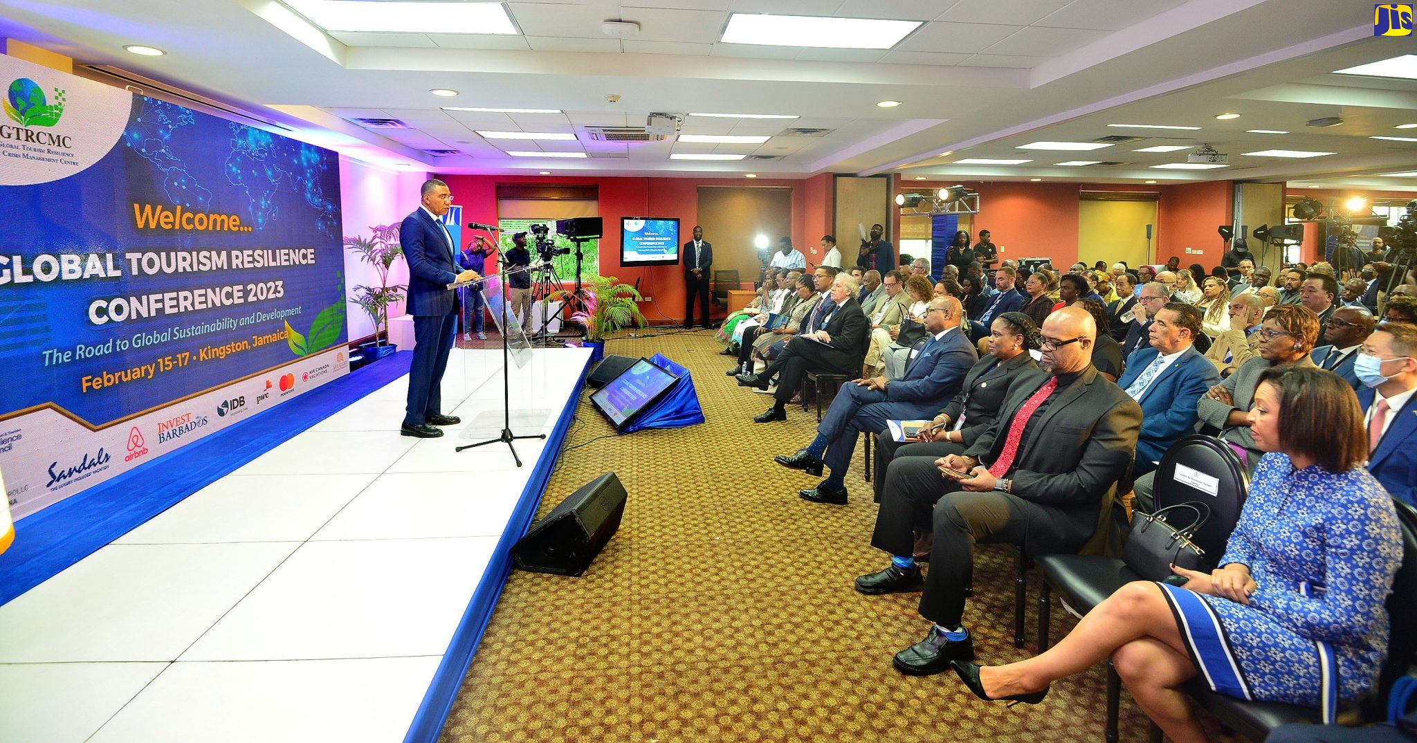 Prime Minister, the Most Hon. Andrew Holness, addresses the opening ceremony for the Global Tourism Resilience Conference 2023, at the University of the West Indies (UWI) Regional Headquarters in St. Andrew, on February 15.