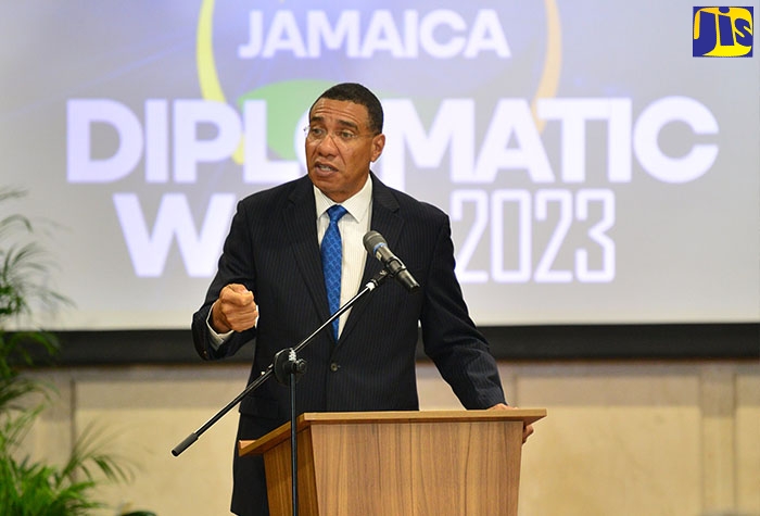 Prime Minister, the Most Hon. Andrew Holness, addresses more than 50 resident and non-resident Heads of Mission during a Diplomatic Week event at the Ministry of Foreign Affairs and Foreign Trade on Tuesday (February 28). The observance will run until Friday, March 3.