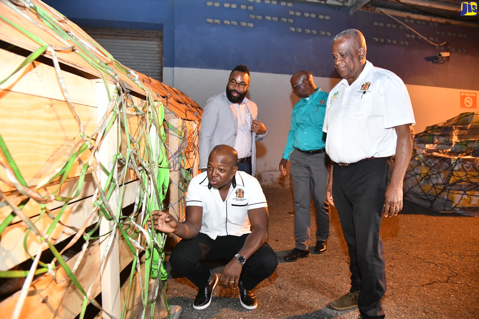 Minister of Agriculture and Fisheries, Hon. Pearnel Charles Jr. (stooping) and Minister of State, Hon. Franklin Witter (right, foreground), examine several of the first 50 goats to be imported under the Government’s Small Ruminant Development Programme.  With them are Chief Executive Officer, Jamaica Dairy Development Board, Devon Sayers (left, standing) and Chief Technical Director in the Ministry, Orville Palmer.  The goats arrived at the Norman Manley International Airport in Kingston on Monday (March 27).