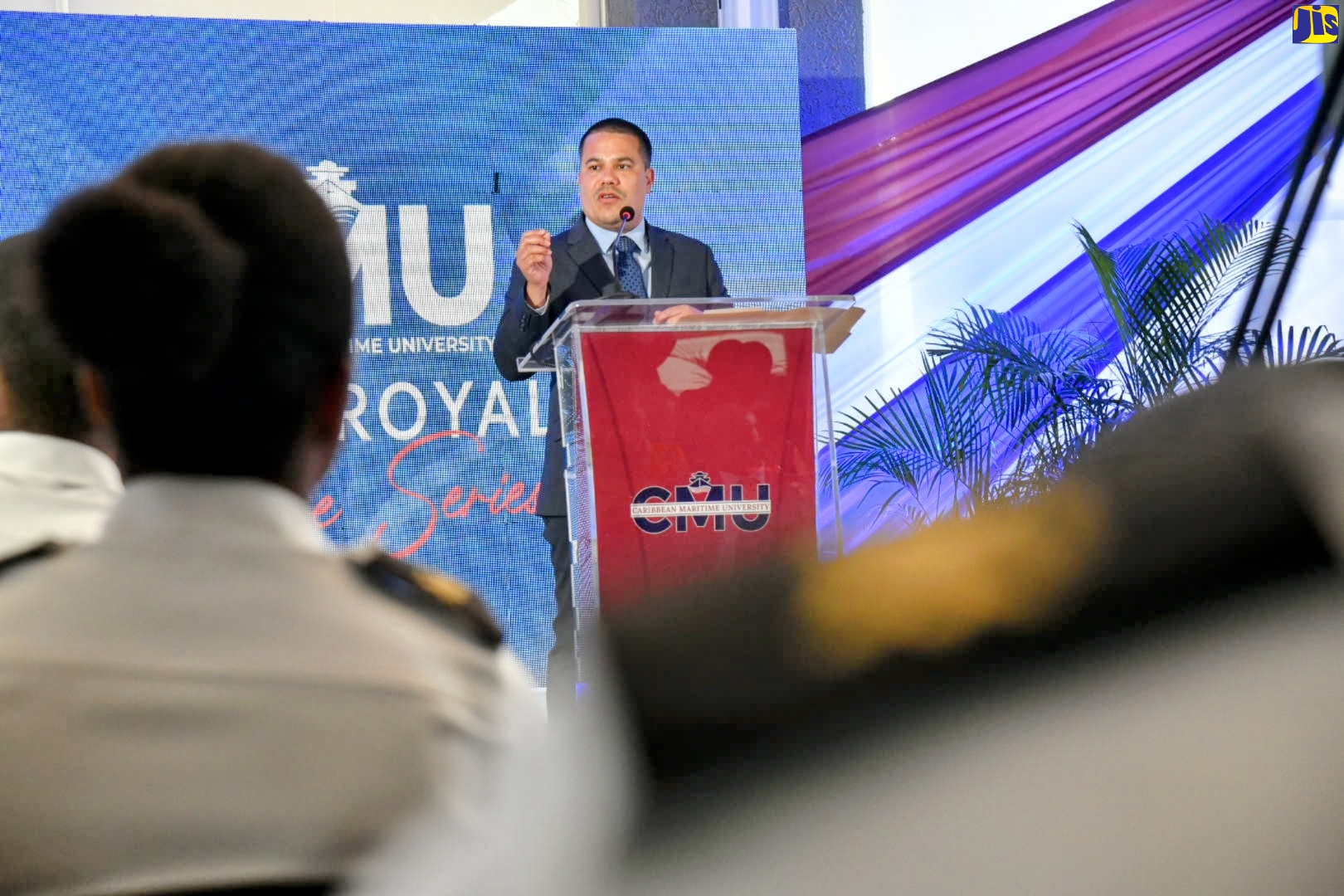 Minister Without Portfolio in the Ministry of Economic Growth and Job Creation, Senator the Hon. Matthew Samuda, speaking during the Caribbean Maritime University (CMU) inaugural Port Royal Lecture Series on Tuesday (February 28) at the institution’s Palisadoes Park campus in Kingston.