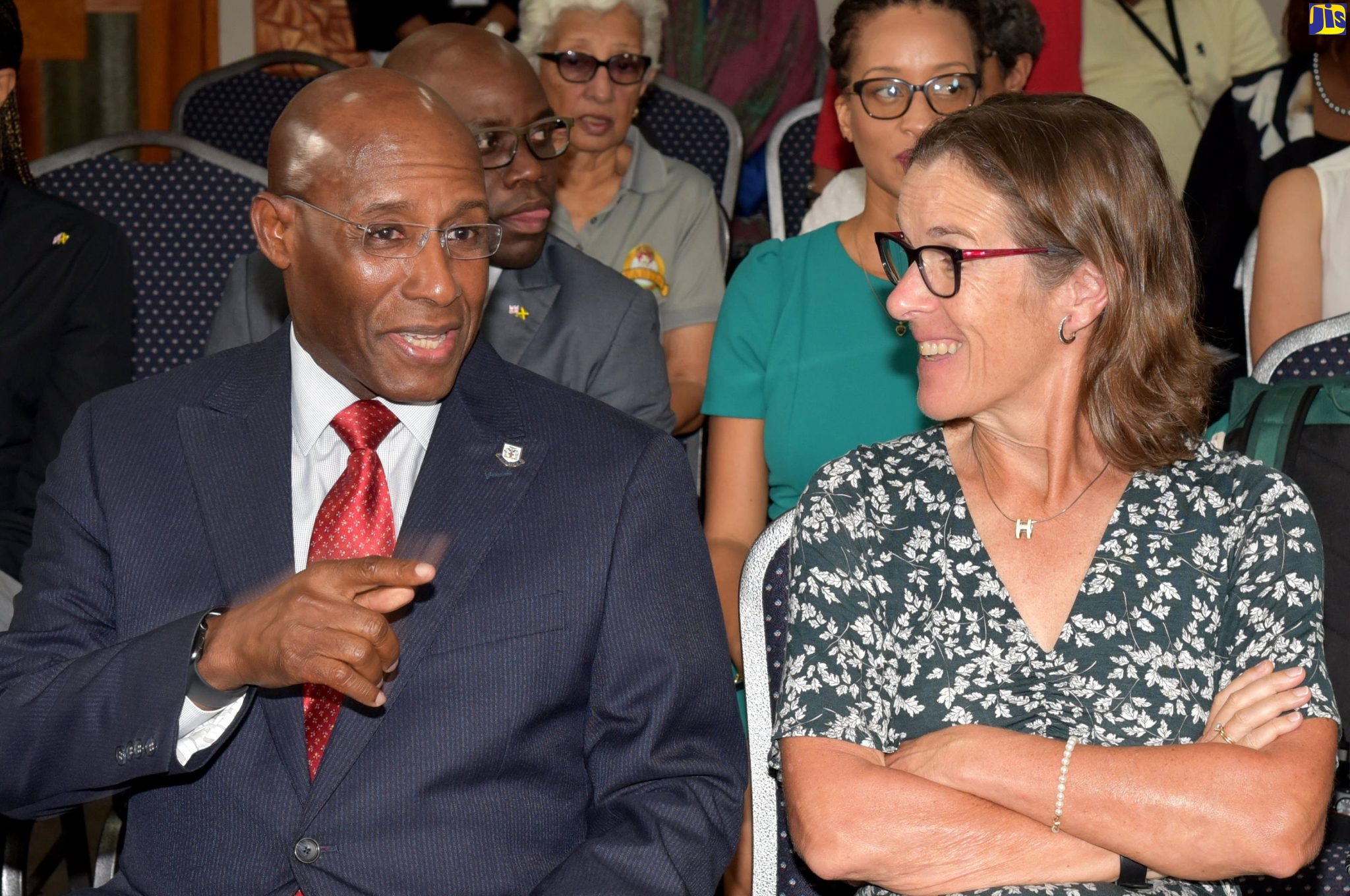 Minister of Industry, Investment and Commerce, Senator the Hon. Aubyn Hill (left), converses with British High Commissioner to Jamaica, Her Excellency Judith Slater, at the United Kingdom-Jamaica Trade Business Forum, ‘Exploring Trade Opportunities for UK and Jamaica’, on March 2 at the Jamaica Promotions Corporation (JAMPRO) in New Kingston.  