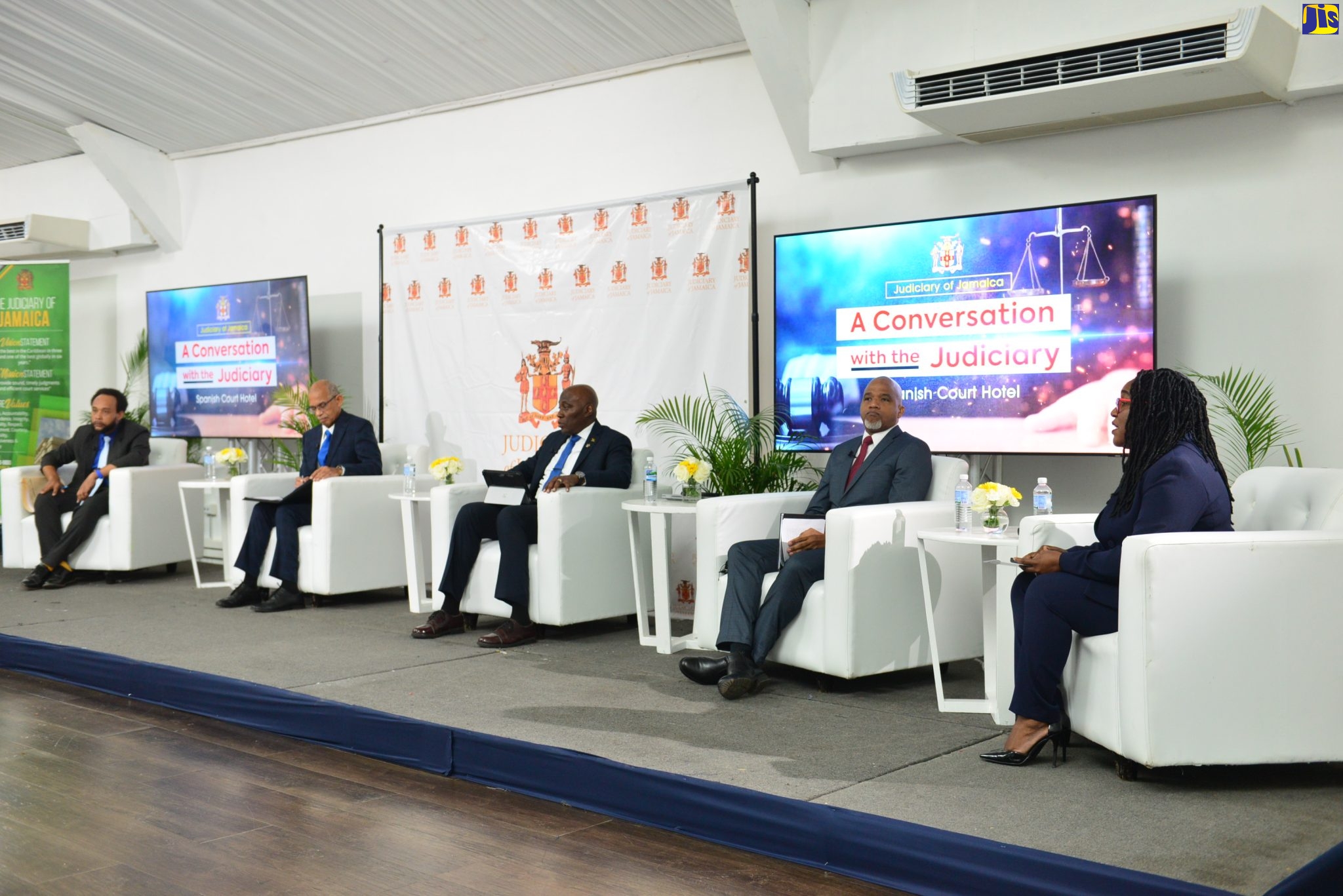 Director, Court Administration Division (CAD), Tricia Cameron Anglin (right) addressing the ‘Conversation with the Judiciary’ event held at the Spanish Court Hotel in New Kingston recently. Other members of the discussion panel (from left) are Chief Court Statistician, Dr. Denarto Dennis; President of the Court of Appeal, Hon. Justice Patrick Brooks; Chief Justice, Hon. Justice Bryan Sykes; and Chief Parish Court Judge, His Honour Chester Crooks.