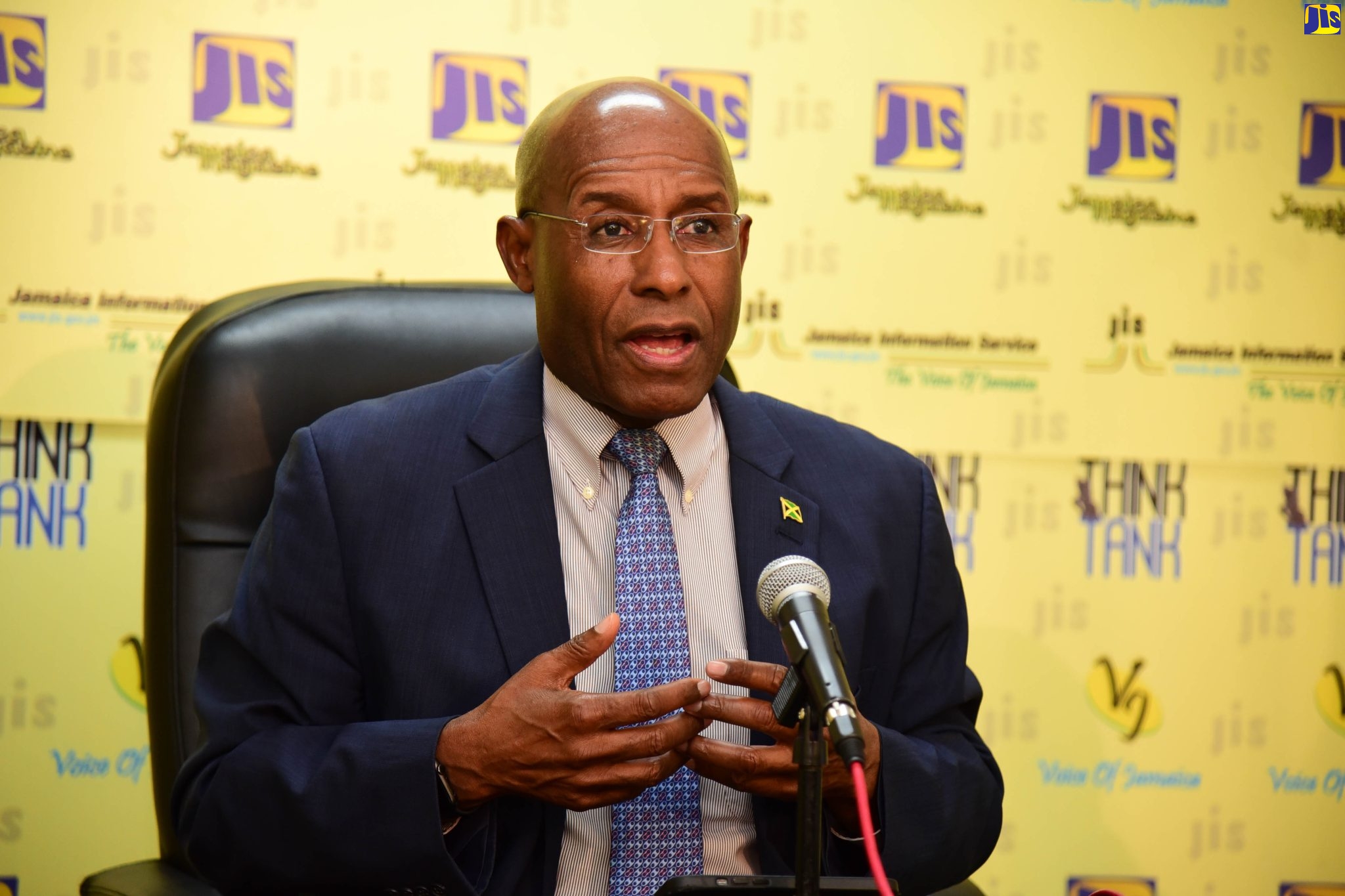 Minister of Industry, Investment and Commerce, Senator the Hon. Aubyn Hill,  speaks at a Jamaica Information Service (JIS) ‘Think Tank’, held today (April 4), at the Agency’s Head office in Kingston. 