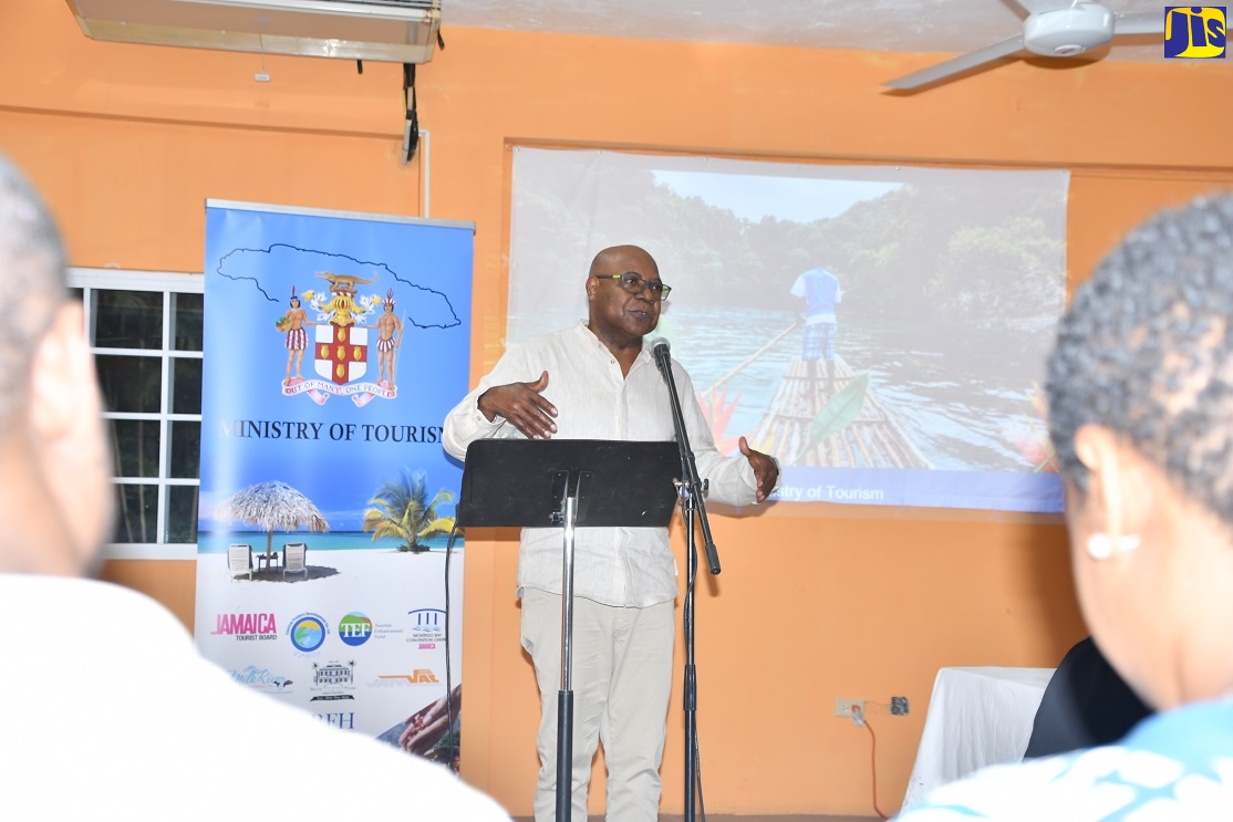 Tourism Minister, Hon. Edmund Bartlett, emphasises a point during a National Public Consultation on the Destination Assurance Framework and Strategy (DAFS), at the Ocho Rios Baptist Church in St Ann on Thursday (April 20).