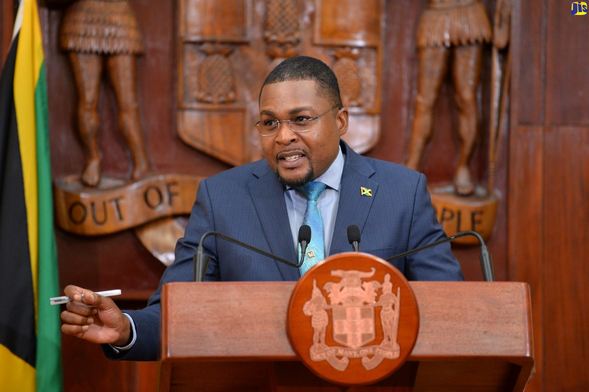Minister without Portfolio with Responsibility for Information, Hon. Robert Morgan, addresses a post-Cabinet press briefing at Jamaica House in St. Andrew, on April 19.