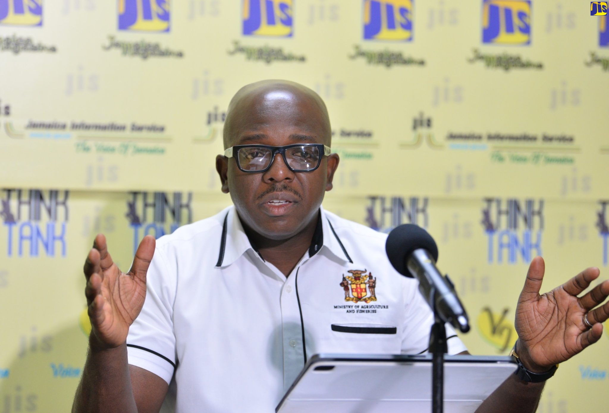 Minister of Agriculture and Fisheries, Hon. Pearnel Charles Jr., speaking during a Jamaica Information Service (JIS) ‘Think Tank’ at the Agency’s Head Office in Kingston, on April 13.