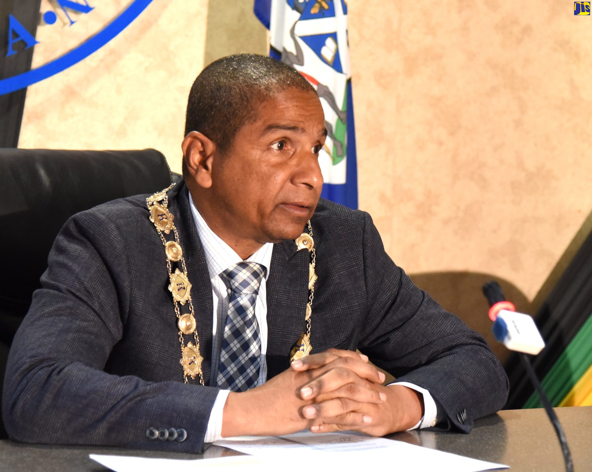 Mayor of Kingston, Senator Councillor Delroy Williams, addresses the monthly meeting of the Kingston and St. Andrew Municipal Corporation, held at the Corporation’s offices on Church Street in downtown Kingston, on April 11.