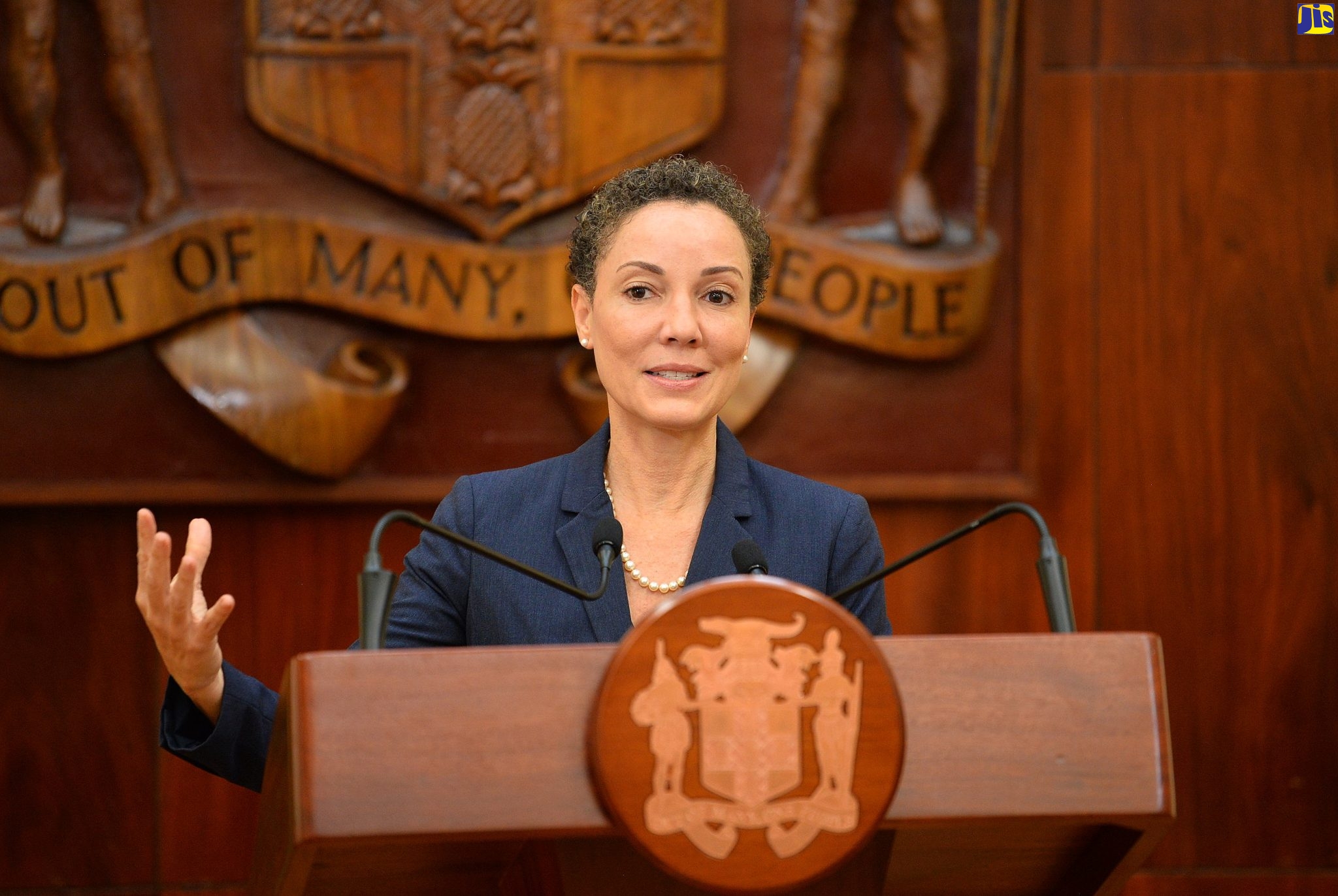 Minister of Foreign Affairs and Foreign Trade, Senator the Hon. Kamina Johnson Smith, addressing a post-Cabinet Press Briefing held at Jamaica House in Kingston on Wednesday (April 12). 
