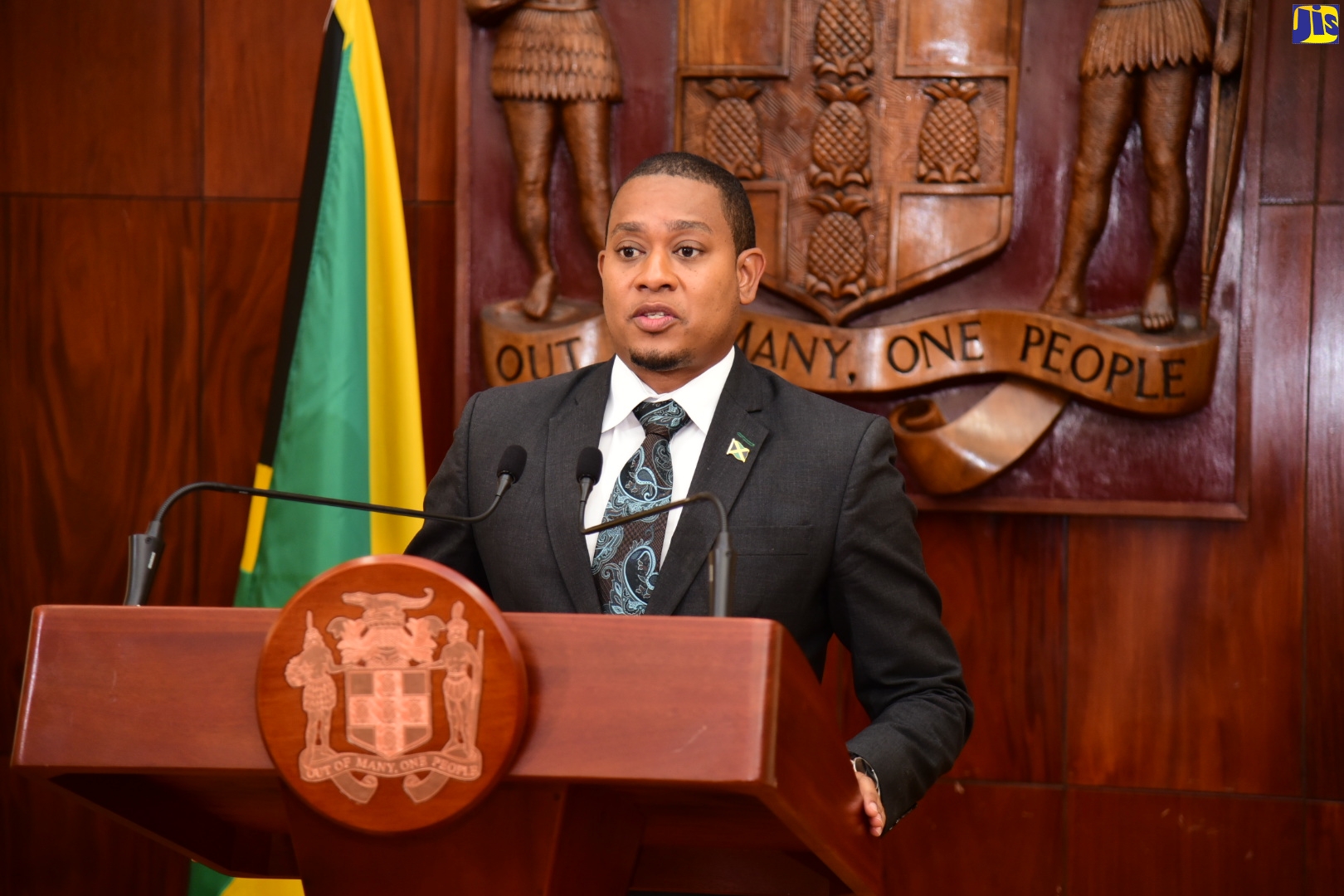 Minister without Portfolio in the Office of the Prime Minister, Hon. Floyd Green, addressing today’s (May 17) post-Cabinet press briefing at Jamaica House in St. Andrew. 