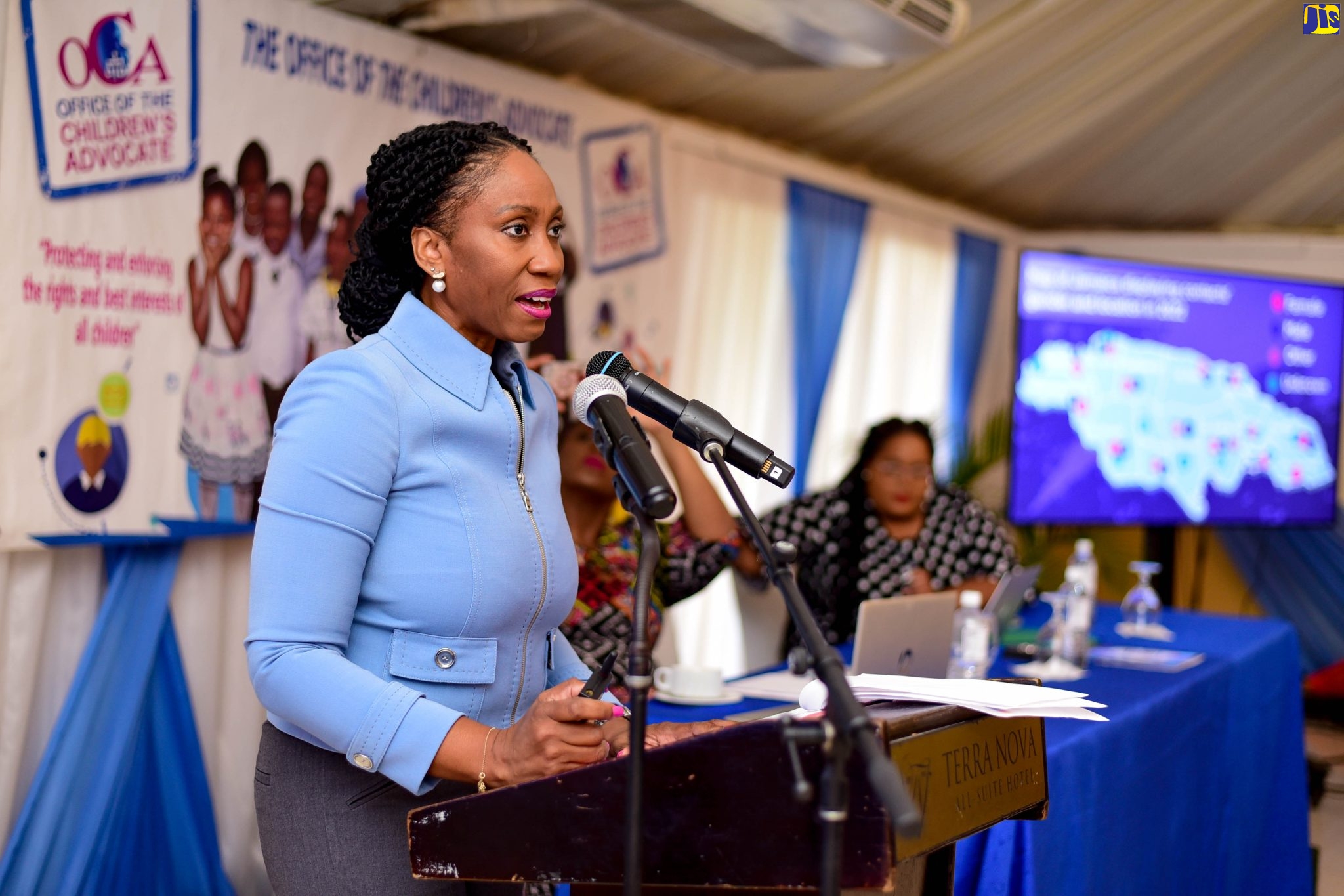 Children’s Advocate, Diahann Gordon Harrison, addresses a press conference at the Terra Nova All-Suite Hotel in St. Andrew on May 17.