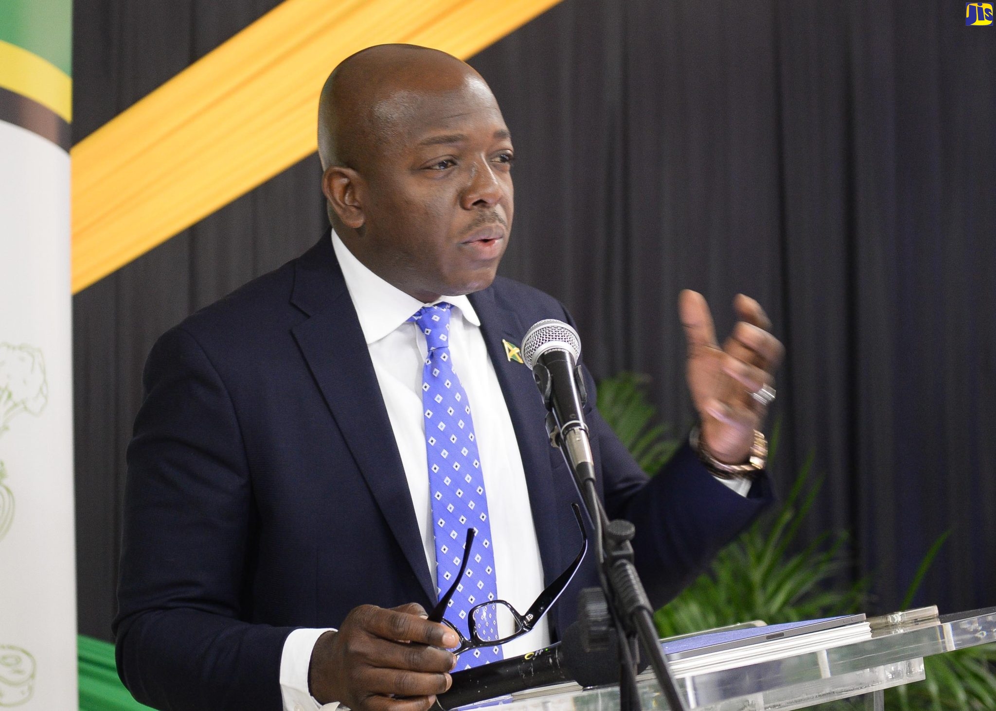 Minister of Agriculture and Fisheries, Hon. Pearnel Charles Jr., addresses Wednesday’s (May 3) post-Sectoral Debate press briefing at the Ministry office in Kingston.