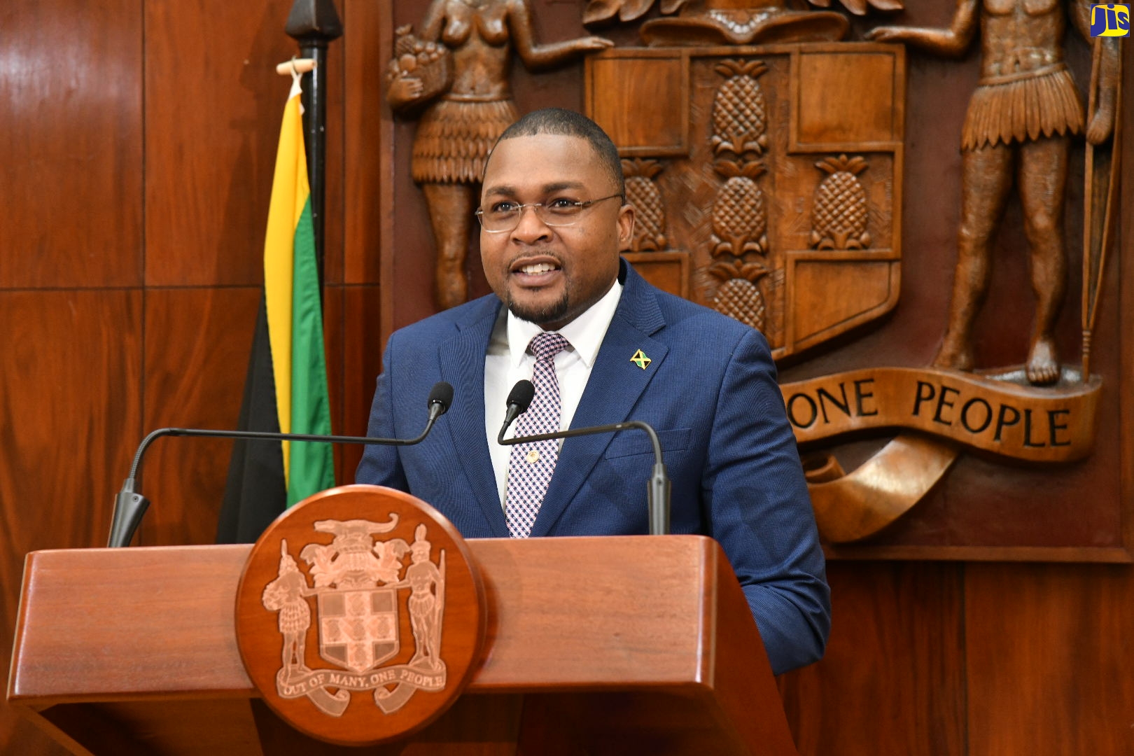 Minister without Portfolio with Responsibility for Information in the Office of the Prime Minister, Hon. Robert Morgan, addresses a post-Cabinet press briefing at Jamaica House on Wednesday (May 10).