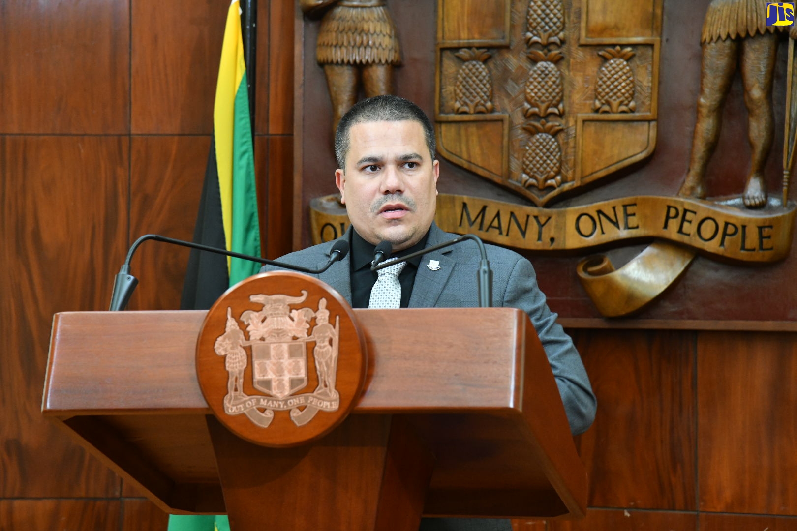 Minister without Portfolio in the Ministry of Economic Growth and Job Creation, Senator the Hon. Matthew Samuda, addressing journalists Wednesday’s (May 10) post-Cabinet press briefing at Jamaica House.