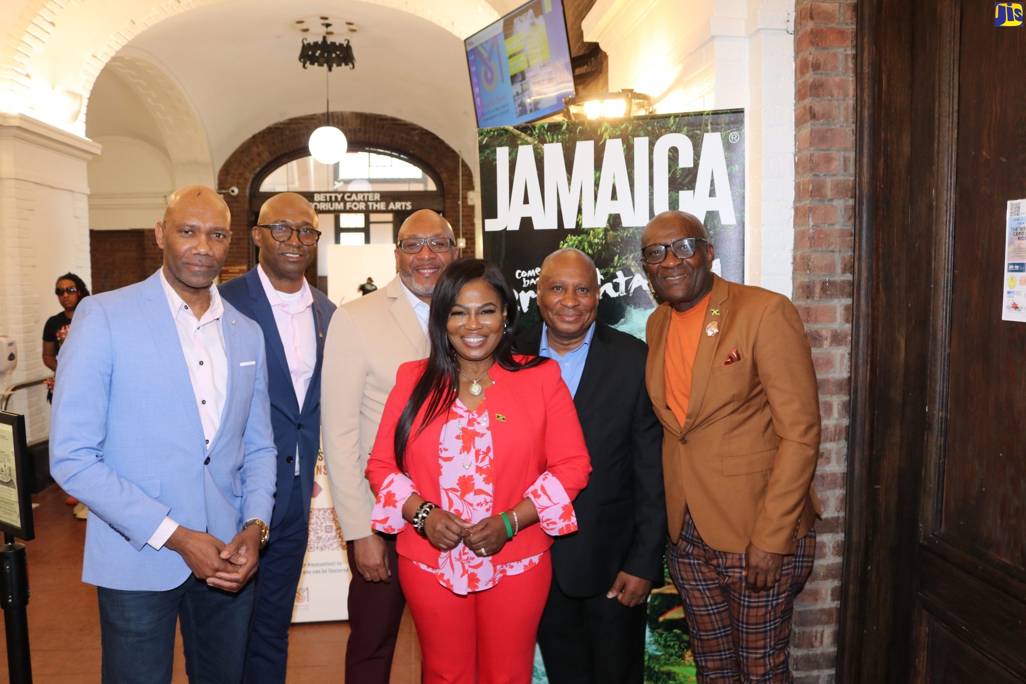Consul General to New York, Alsion Wilson (third right), with board members of the Friends of Falmouth (from left), Lance Hall, Peter Johnson, Michael Wattkis, Oliver Huie, and Derrick Scott, at the organization’s symposium held on May 27, at the Major Owens Wellness Centre in Brooklyn New York.

