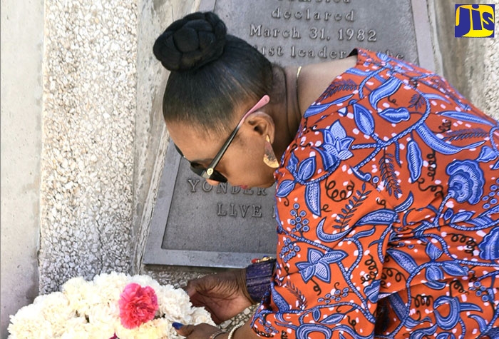 Minister of Culture, Gender, Entertainment and Sport, Hon. Olivia Grange, lays a wreath at the shrine of National Hero, Rt. Excellent Samuel Sharpe, during the Labour Day tribute at National Heroes Park in Kingston on Tuesday (May 23). Samuel Sharpe was the main instigator of the 1831 Slave Rebellion, which began on the Kensington Estate in St. James and which was largely instrumental in bringing about the abolition of slavery. For his role, Sam Sharpe, who was a Baptist deacon, was hanged on May 23, 1832. He was named National Hero in 1975 for his efforts in liberating the enslaved peoples of Jamaica.