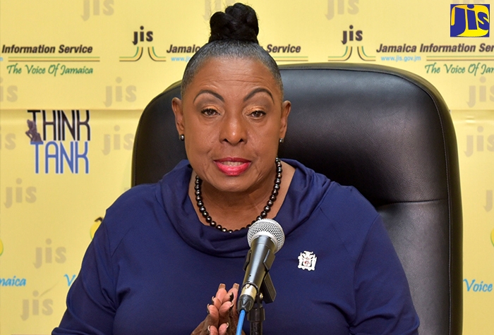 Minister of Culture, Gender, Entertainment and Sport, Hon. Olivia Grange, makes a point at the Jamaica Information Service (JIS) Think Tank on Thursday (May 11) at the agency’s head office in Kingston.