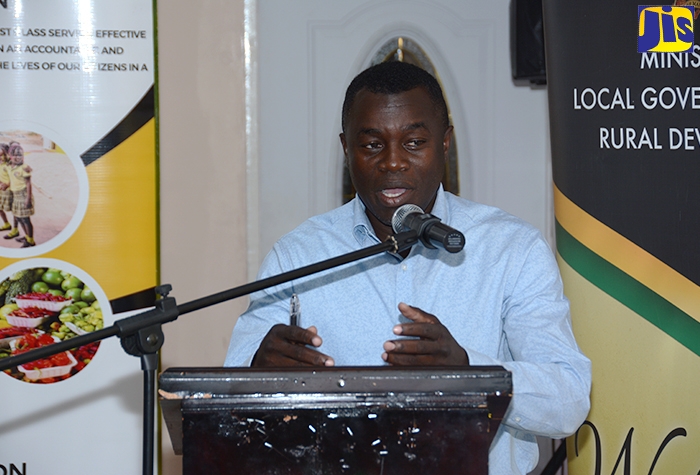 Senior Director of Hazard Mitigation at the Ministry of Local Government and Rural Development, Patrick Watson, addressing the meeting of the Disaster Preparedness Hazard Mitigation and Safety Committee of the St. Elizabeth Municipal Corporation on Tuesday (May 16).