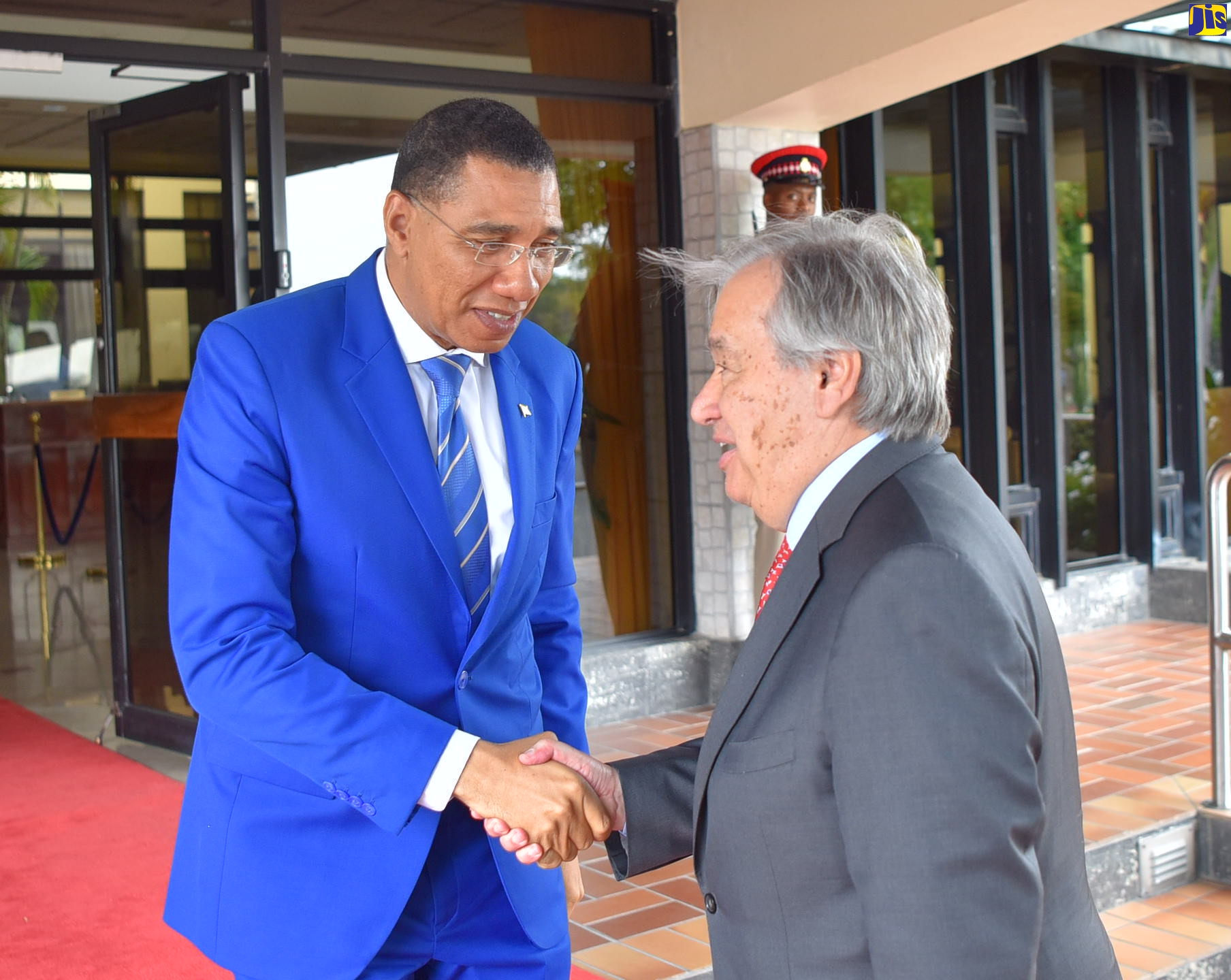 Prime Minister, the Most Hon. Andrew Holness (left), bids United Nations Secretary-General, António Guterres, farewell following a press conference held at the Office of the Prime Minister in Kingston on May 15.