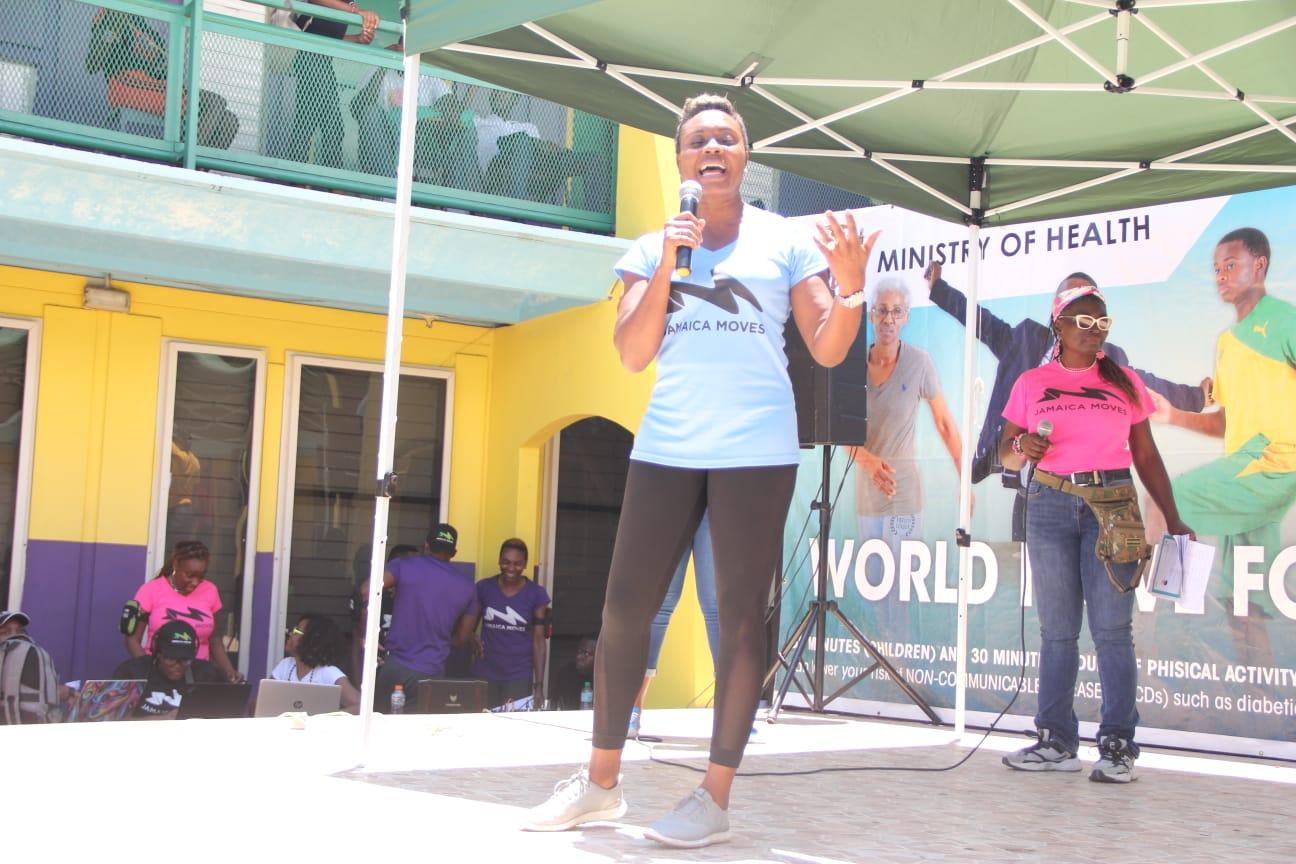 Minister of State in the Ministry of Health and Wellness, Hon. Juliet Cuthbert-Flynn, addresses the Jamaica Moves in Schools Day event, held at the Hopewell High School in Hanover, on April 28.
