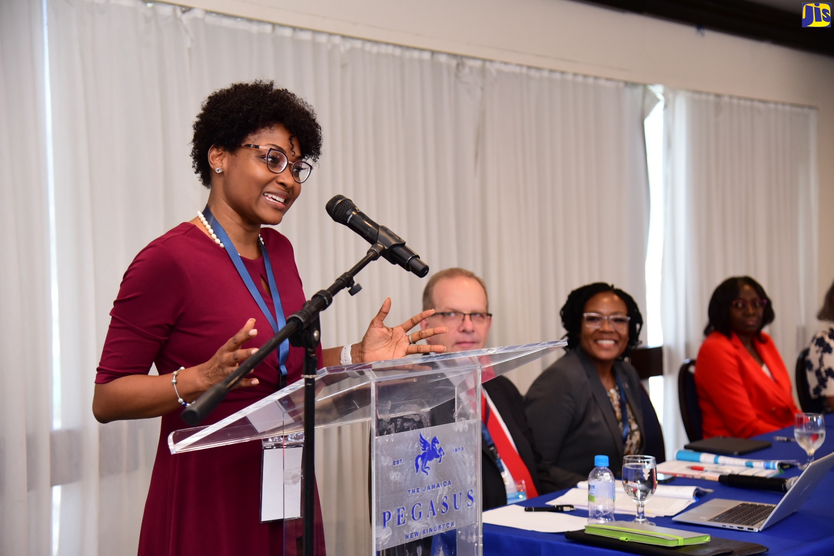 Auditor General, Pamela Monroe Ellis, addresses the opening session of the meeting of the International Organization of Supreme Audit Institutions (INTOSAI) Capacity Building Committee (CBC), the INTOSAI-Donor Cooperation and MOSAIC at The Jamaica Pegasus hotel in New Kingston on Tuesday (June 20). Others (from left) are executive member of the Auditor-General’s Office in South Africa, Jan Van Schalkwyk; Auditor-General of South Africa, Tsakani Maluleke and Financial Secretary in the Ministry of Finance and the Public Service, Darlene Morrison. 