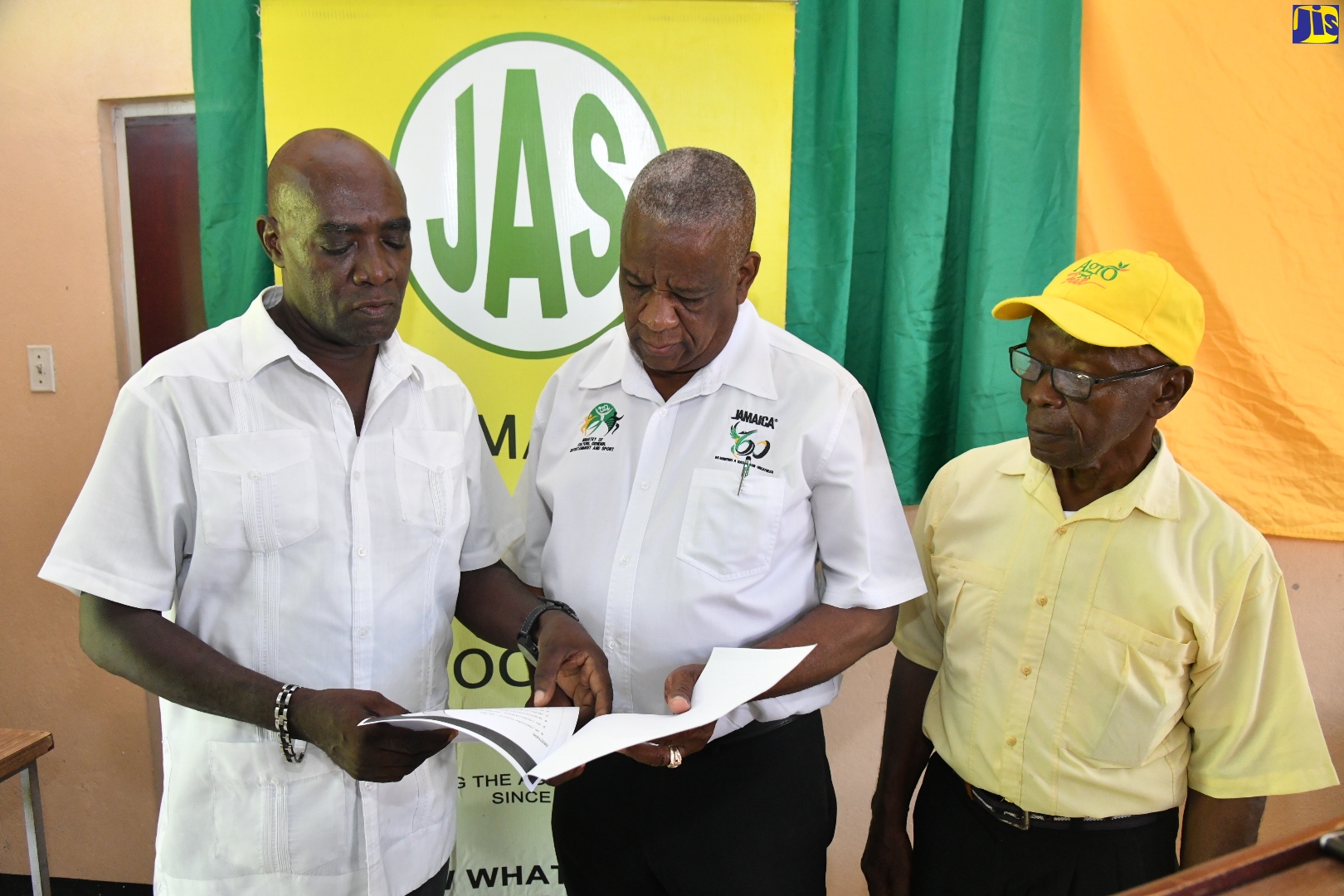 Minister of State in the Ministry of Agriculture, Fisheries and Mining, Hon. Franklin Witter (centre) and President, Kingston and St. Andrew (KSA) Association of Branch Societies (ABS), Albert Green (left), peruse a document during the organisation’s annual general meeting at the Jamaica Confederation of Trade Unions office in St. Andrew on Monday (June 12). With them is the organisation’s Chairman, Lansford Moore. 