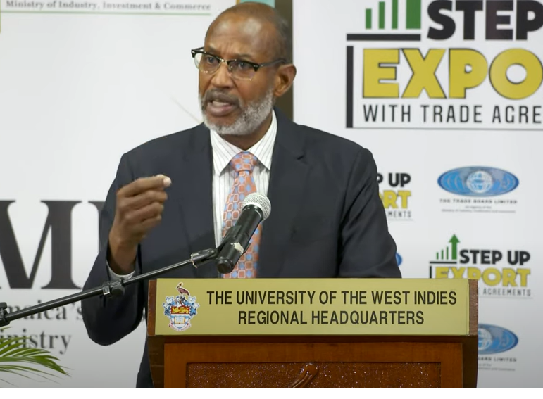 Trade Administrator and Chief Executive Officer, Trade Board Limited (TBL), Dr. Major (Ret’d) Hugh Blake, announces plans for the development of an Export Academy, while addressing the TBL’s recent ‘Step-Up Export with Trade Agreements’ Seminar at the University of the West Indies (UWI) Regional Headquarters in St. Andrew. 