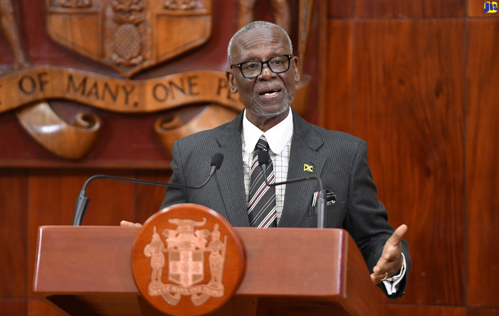 Minister of Local Government and Community Development, Hon. Desmond McKenzie, addressing journalists during Wednesday’s (June 14) post-Cabinet Press Briefing at Jamaica House. 