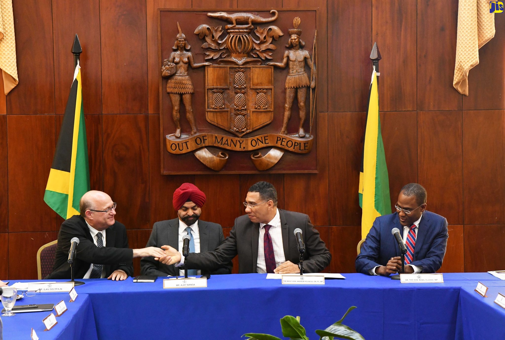 Prime Minister, the Most Hon. Andrew Holness (second right), shakes hands with President of the Inter-American Development Bank, Ilan Goldfajn (left), during a meeting at Jamaica House on June 14. They are joined by President of the World Bank, Ajay Banga (second left) and Minister of Finance and the Public Service, Dr. the Hon. Nigel Clarke.