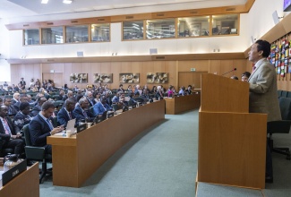 Agriculture, Fisheries and Mining Minister, Hon. Floyd Green (seated fifth right), joins representatives from Small Island Developing States (SIDS), Least Developed Countries (LDCs) and Landlocked Developing Countries (LLDCs), at the Food and Agriculture Organization’s (FAO) High-Level Ministerial Event in Rome on Thursday (June 29). Addressing the delegates is FAO Director-General, QU Dongyu.
