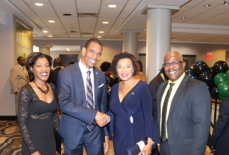 Ambassador to the United States (US), Her Excellency Audrey Marks (third right) with scholarship awardees of the Jamaican Organization of Rochester New York, during a function held on July 28 at the Hyatt Regency Hotel in Rochester, New York.