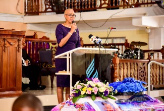 Minister of Education and Youth, Hon. Fayval Williams, addresses the thanksgiving service for the life of eight-year-old Danielle Rowe held at the Portmore Seventh-day Adventist Church in St. Catherine on Sunday (July 23).
