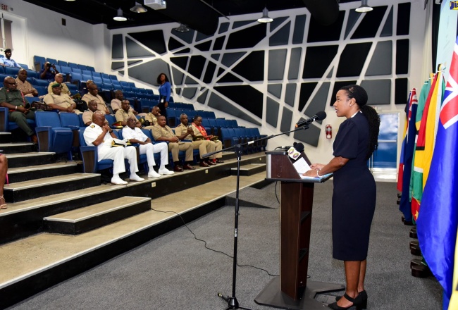 State Minister in the Ministry of Education and Youth, Hon. Marsha Smith, addresses the opening of the 36th Caribbean Commandants Conference on July 25 at the Caribbean Military Academy at Up Park Camp, Kingston.