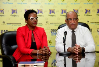 Chief Executive Officer (CEO) of the Passport, Immigration and Citizenship Agency (PICA), Andrew Wynter and Senior Director, Projects Enterprise and Risk Management, PICA, Amy Johnson Lynch, take part in a JIS Think Tank, on August 30.