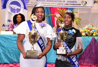 Nurse of the Year 2023, Shantal Remekie (left) and Nursing Student of the Year 2023, Bobbie-Ann Collins, display their trophies during the recent staging of the Nurse and Nursing Student of the Year Awards Ceremony at The Jamaica Pegasus hotel in New Kingston. The LASCO Chin Foundation and the Nurses Association of Jamaica partnered in the undertaking.