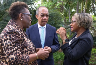 Deputy Prime Minister and Minister of National Security, Hon. Dr. Horace Chang (centre), in discussion with Minister without Portfolio in the Office of the Prime Minister with Oversight for Skills and Digital Transformation, Senator Dr. the Hon. Dana Morris Dixon (right) and Director of Public Prosecutions, Paula Llewellyn, during the opening ceremony for the CARICOM Implementation Agency for Crime and Security (IMPACS) regional cyber awareness session at The Jamaica Pegasus hotel in New Kingston on Tuesday (June 27).