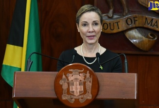 Minister of Foreign Affairs and Foreign Trade, Senator the Hon. Kamina Johnson Smith, addressing Wednesday’s (July 12) post-Cabinet press briefing at Jamaica House in St. Andrew.