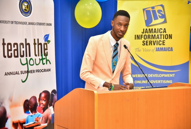 The University of Technology Jamaica (UTech) Students’ Union Council President, Rick Darby, addresses members of the audience at the launch of the annual Teach the Youth Summer Programme at UTech Jamaica on July 8.