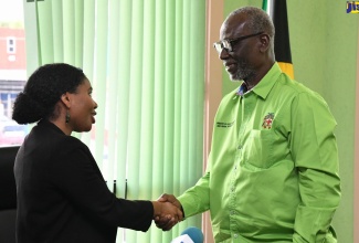 Minister of Local Government and Community Development, Hon. Desmond McKenzie (right), greets Stakeholder Advisor, United Nations-Habitat, Shamoy Hajare, during a courtesy call at the Ministry’s offices on Hagley Park Road in Kingston on Thursday (June 29).