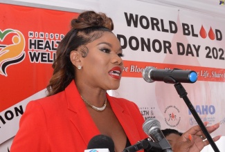 Organiser of the Miss Kitty Blood Drive, Attorney-at-Law, Khadine “Miss Kitty” Hylton addresses the recent World Blood Donor Day event held at the National Blood Transfusion Services (NBTS) on Slipe Road in Kingston.
