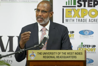 Trade Administrator and Chief Executive Officer, Trade Board Limited (TBL), Dr. Major (Ret’d) Hugh Blake, announces plans for the development of an Export Academy, while addressing the TBL’s recent ‘Step-Up Export with Trade Agreements’ Seminar at the University of the West Indies (UWI) Regional Headquarters in St. Andrew.