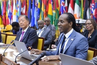 Minister of State in the Ministry of Foreign Affairs and Foreign Trade, Hon. Alando Terrelonge, addresses the 28th Session of the Assembly of the International Seabed Authority (ISA) in downtown Kingston, on July 25.