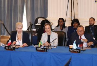 Minister of Foreign Affairs and Foreign Trade, Senator the Hon. Kamina Johnson Smith (centre, foreground), participates in the opening session of the 53rd Organization of American States (OAS) General Assembly, which took place from June 21 to 23 in Washington DC. Joining her (from left) are Mexico’s Permanent Representative to the OAS, Ambassador Luz Banos and Head of the Honduras Delegation, Roberto Ramos Bostos. Senator Johnson Smith led Jamaica’s delegation to the three-day meeting.