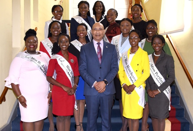 Governor-General, His Excellency the Most Hon. Sir Patrick Allen (front, centre), is flanked by the 2023 Festival Queen contestants during a courtesy call at King’s House on July 25.