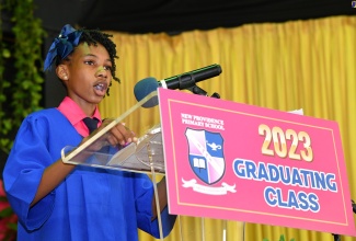 Valedictorian and Top Girl for the 2023 Primary Exit Profile (PEP) at the New Providence Primary School in Kingston, Luciana Morris, delivers her speech during the school-leaving ceremony on Friday (June 30), at the University of Technology (UTech) campus in St. Andrew.