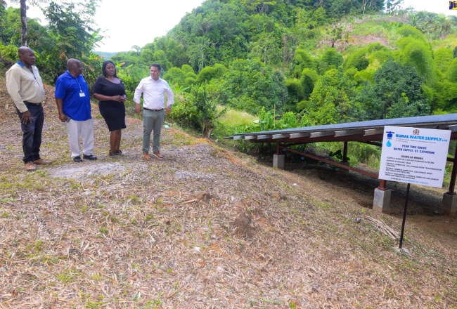 Minister without Portfolio in the Ministry of Economic Growth and Job Creation, Senator the Hon. Matthew Samuda (right), in discussion with Member of Parliament for St. Catherine North Eastern, Kerensia Morrison (second right) at the Pear Tree Grove Water System, in the constituency, on August 10. Others pictured (from left) are Regional Manager at the National Water Commission (NWC), Gawain Johnson and Managing Director of the Rural Water Supply Limited (RWSL), Audley Thompson.