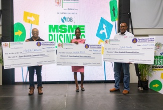 Owners of the winning entities in the Ministry of Industry, Investment and Commerce’s Business Pitch Competition (from left) KlutchJa Organics, Sheldon Cardoza; Xquisite Events, Shadine Salmon; and 2A4 Foods, Chase Brown. They were announced during the first leg of the Ministry’s Business Roadshow at the Golf View Hotel in Mandeville, Manchester, on August 10.